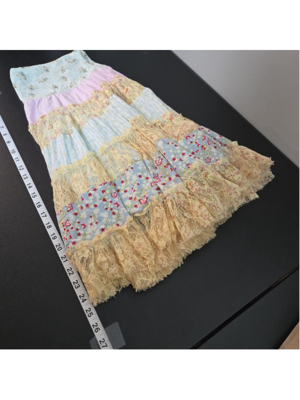 Luna Luz Womens Patchwork Lace Tiered Midi Skirt Medium Boho Cottage Prairie - Picture 7 of 7